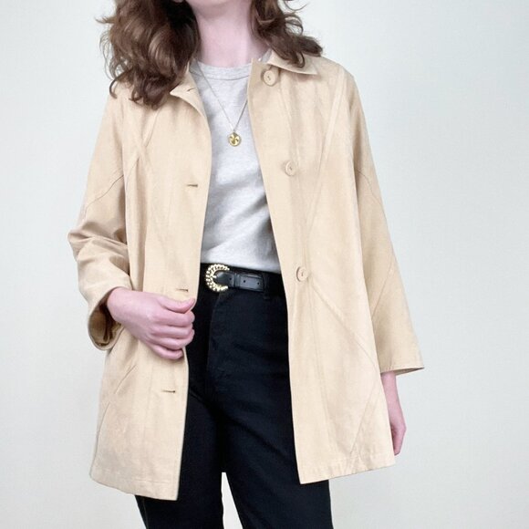 Vintage 90s Y2K Long Faux Suede Leather Peacoat Trench Jacket Quiet Luxury Coat - Picture 5 of 9